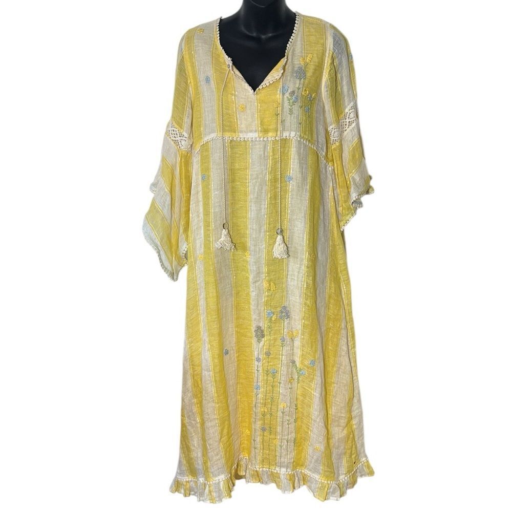 Kaveri women’s small 100% linen embroidered maxi dress angel sleeves quiet luxur
